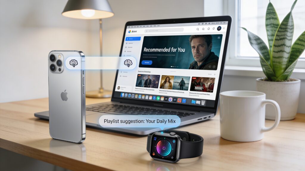 AI changing everyday apps on a smartphone, laptop, smartwatch, and streaming platform in 2026