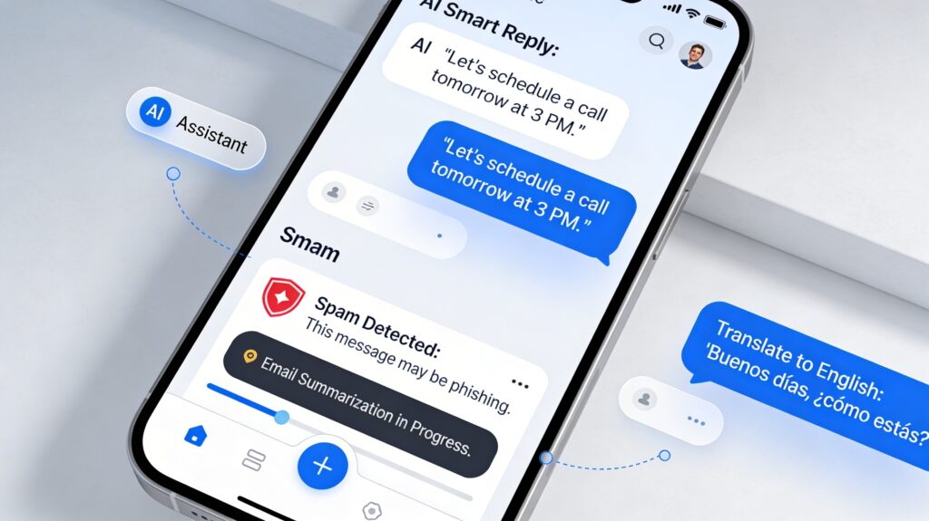 Email and messaging apps using AI for smart replies, translation, and spam protection