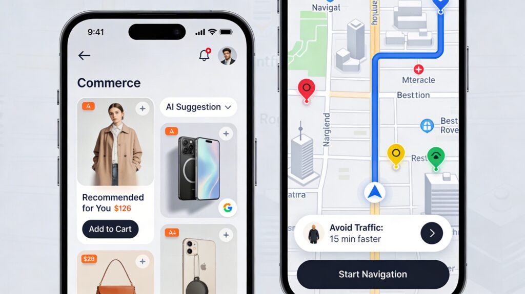 AI-powered shopping recommendations and navigation app route predictions on a mobile screen