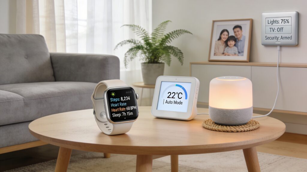 Smart home and health apps using AI through a smartwatch, thermostat, and voice assistant